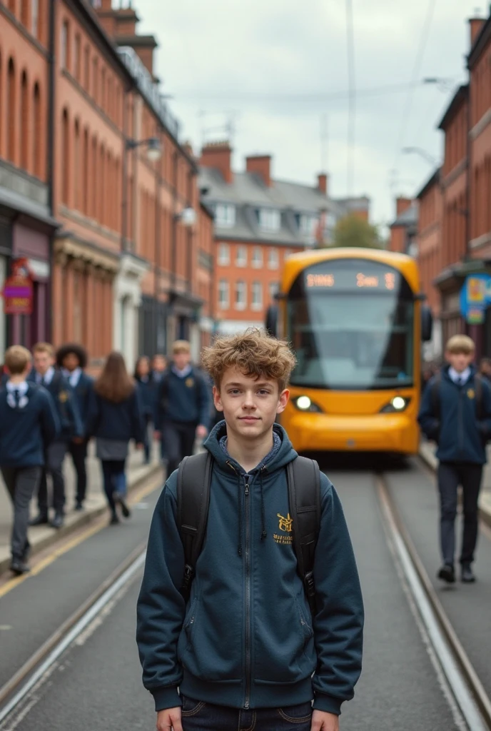 a boy wearing a blue and gold jacket,standing beside a school bus with the name gss in french italic font make him realistic and hot