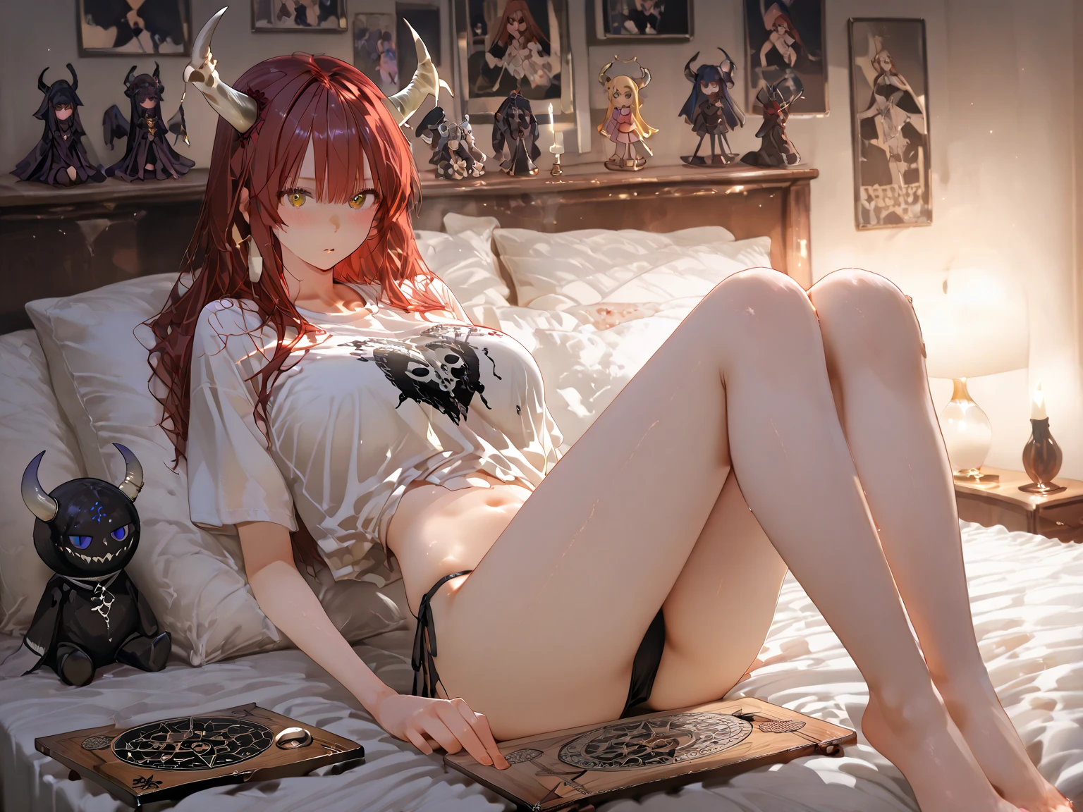 masterpiece, highest quality, One Girl, Faust, アヘface, Portraiture, face, Very detailed, Seductive erotic woman with horns, A shirt that fits snugly against the skin, (Big Breasts, My breasts are so big they tear my shirt, Redhead), Focus on face, Focus on face, Complex eyes,Nipples are visible Spread your legs