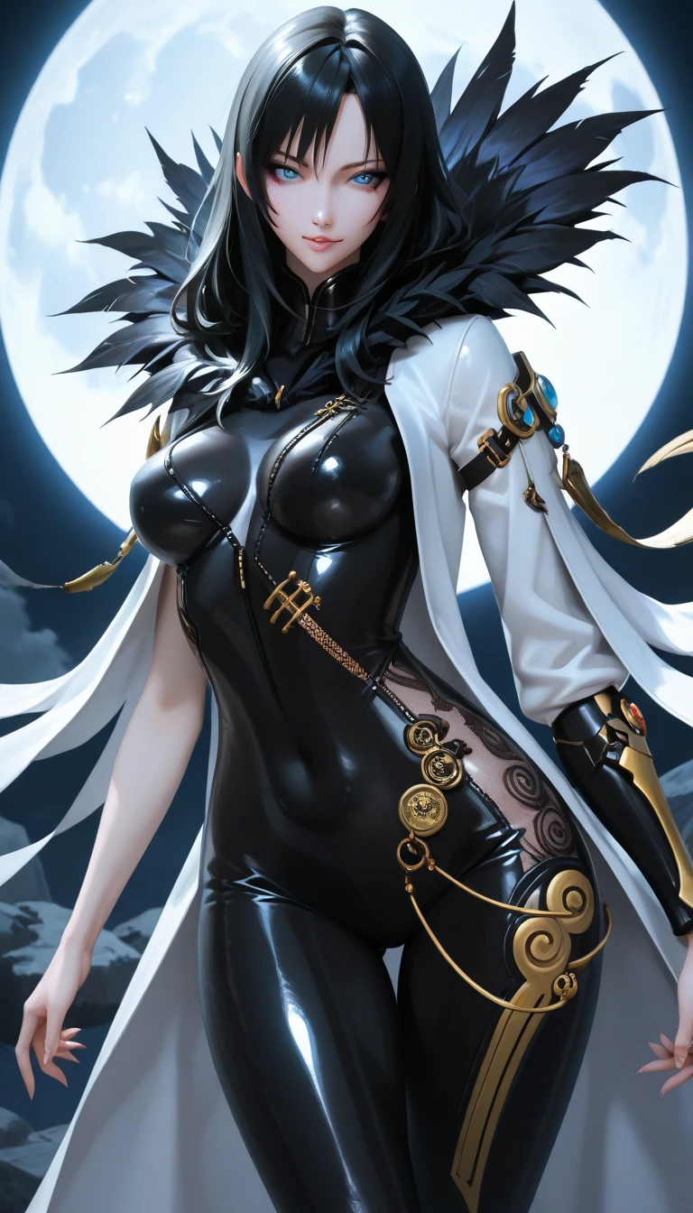 Esdeath, breasts, long hair, blue hair, blue eyes, hat, solo, very long hair, peaked cap, (best quality,4k,8k,highres,masterpiece:1.2),ultra-detailed, warlock, glowing yellow eyes, skulls, stars, celestial signs, thorns, standing in a casting pose, holding both hands with pitch black orbs, heavy breathing, blue eyes, hollow eyes, lips, steaming face, glowing eyes, white eyelashes, smirk, upper teeth, wet, sweating, chest tattoo