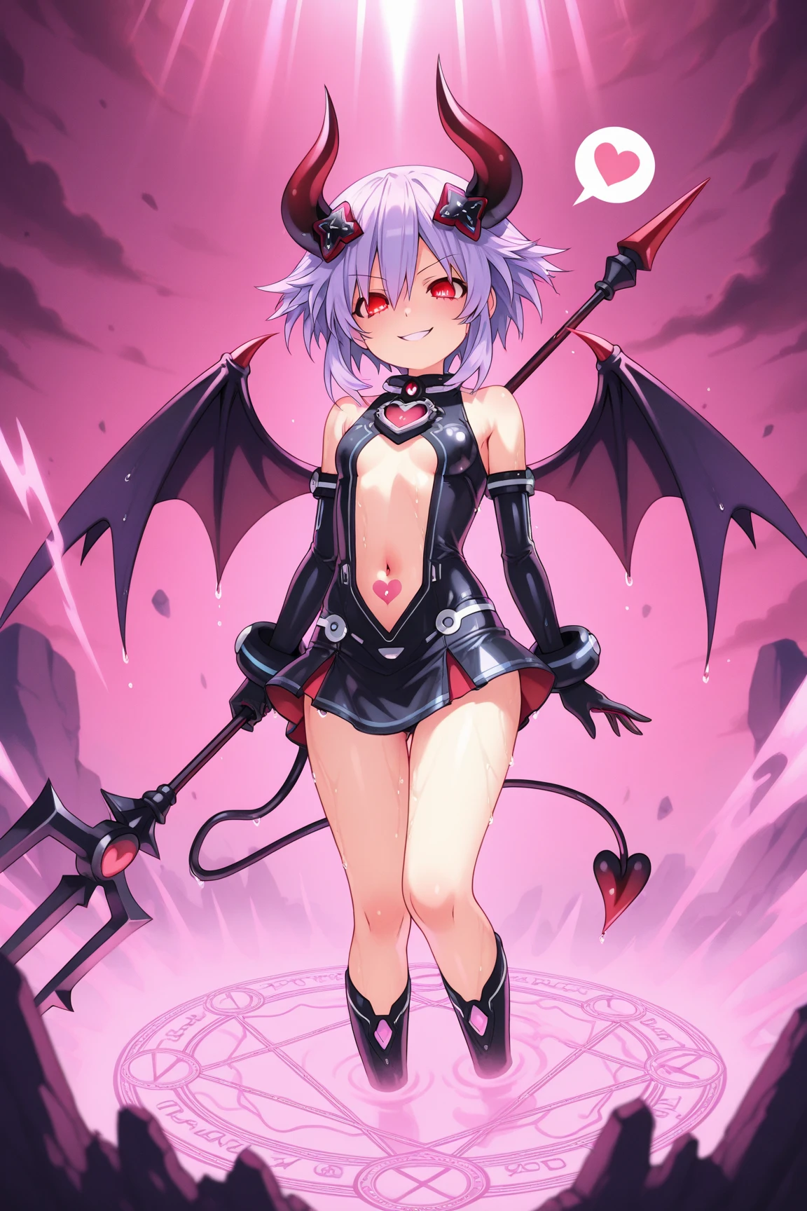 (masutepiece, Best Quality),1girl, tail, wings, demon-girl, horns, solo, demon-tail, thighhighs, pointy-ears, weapon, o-ring, purple-hair, demon-wings, swimsuit, open-mouth, thigh-boots, jewelry, shorts, navel, holding, looking-at-viewer, boots, bracelet, flat-chest, detached-sleeves, o-ring-top, holding-weapon, demon-horns, blue-eyes, short-hair, skull, colored-skin, black-bikini, black-footwear, fang, short-shorts, full-body, black-thighhighs, faux-figurine, bare-shoulders, dark-skin, micro-bikini, blush, bangs, dark-skinned-female, highleg, tail-ornament, holding-sword, two-side-up, fur-trim, knife, bikini-top-only, aqua-eyes bone, black-shorts