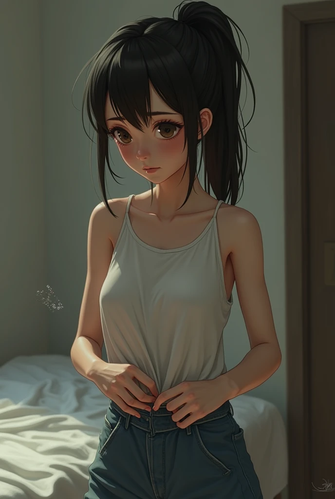 (highest resolution, distinct_image) The best quality, a woman, masterpiece, highly detailed, semi realistic, 21 years old, cute, young, beautiful, naked oversized t-shirt, shirt tug, collar on neck, indoors, modern bedroom, window, waking up, morning, blushing