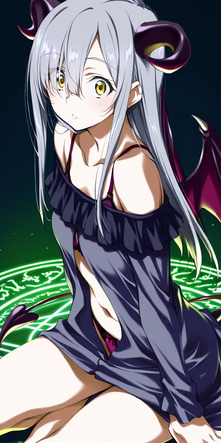 NSFW,masterpiece,Highest quality,High resolution,Very detailed,white\(no game No life\),Small breasts,Multicolored Hair,Gradient Hair,Bad smile,blush,(devil),devilの角,(tail),(wing),High-quality black frill dress,leotard,Fishnet tights,Bossy Pose,Abandoned Castle