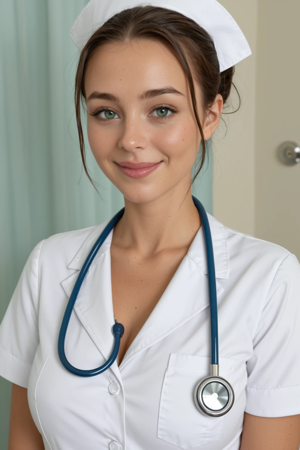 young girl with dark hair and beige skin tone with small breasts cos playing as a doctor
