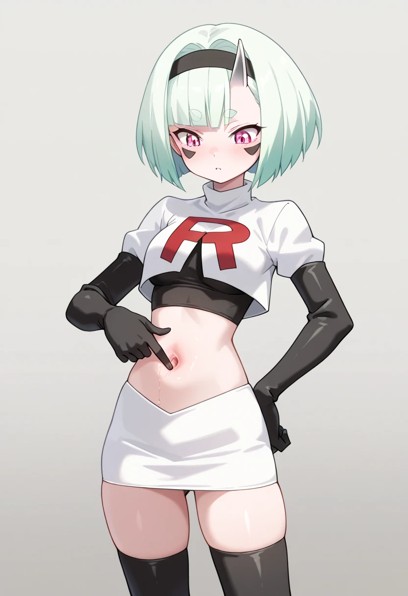 1girl, prushka, short hair, multicolored hair, medium breasts, maid headband,  looking at viewer, :\, team rocket,team rocket uniform,white skirt,red letter R,crop top,black thigh-highs,black elbow gloves