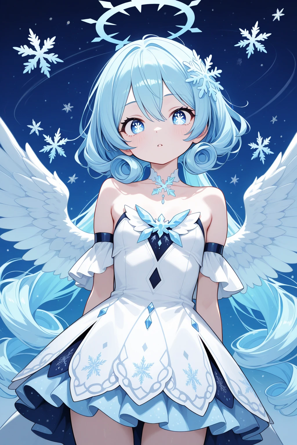 (sunaookami shiroko:1.2), {{{{masterpiece, extremely detailed, intricate details, soft focus, 8K, highres, depth of field, absurdres, high quality facial shadowing, dynamic shadowing, extreme shaders, cinematic lighting, perfect lighting, soft lighting, hazy lighting, blurry foreground, lens flare}}}}, best quality, asian qualities, {front view}, (solo:1.2), (beautiful young girl:1.3), high school girl, {{{extremely detailed girl, perfect anatomy, perfect body}}}, (detailed neon angel halo:1.4), bright blue double halo, (beautiful-detailed hair:1.3), dark silver hair, luscious curly hair, (hair splayed out:1.2), beautiful-detailed facial structure, detailed beautiful face:1.3, sexy face, cute face, slender facial structure, (detailed face:1.33), (beautiful-detailed eyes:0.7), big eyes, (detailed eyes:1.2), glowing bright blue eyes, cat eyes, (detailed cat ears:1.3), neon silver blue cat ears, (detailed wings:1.4), small white angel wings, (detailed boobs:1.3), small size boobs, (detailed facial expression:1.1), shy, slightly open mouth, detailed red blush, shy hand gesture, (detailed hair ornament:1.3), (white flower side hair ornament:1.3), (winter school uniform:1.3), (off-shoulder jacket:1.5), beautiful-detailed pure white off-shoulder fluffy school jacket, (detailed strapless sun-dress:1.3), beautiful-detailed white strapless plain short dress, (strapless dress:1.5), detailed a-line skirt, winter night, (enhanced background:1.4), snow falling at midnight with clear skies overhead, snow on sidewalks with Christmas lights on tree's surrounded the viewer, (cowboy shot:1.1), hazy photo, (warm photo:1.3)