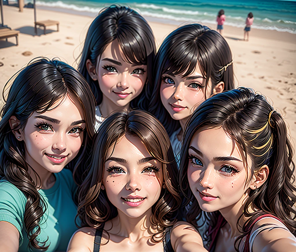 Adult Friends smiling selfie on the beach together, blonde, brunette, wavy hair, curly hair, clear photo, ultra realistic --auto