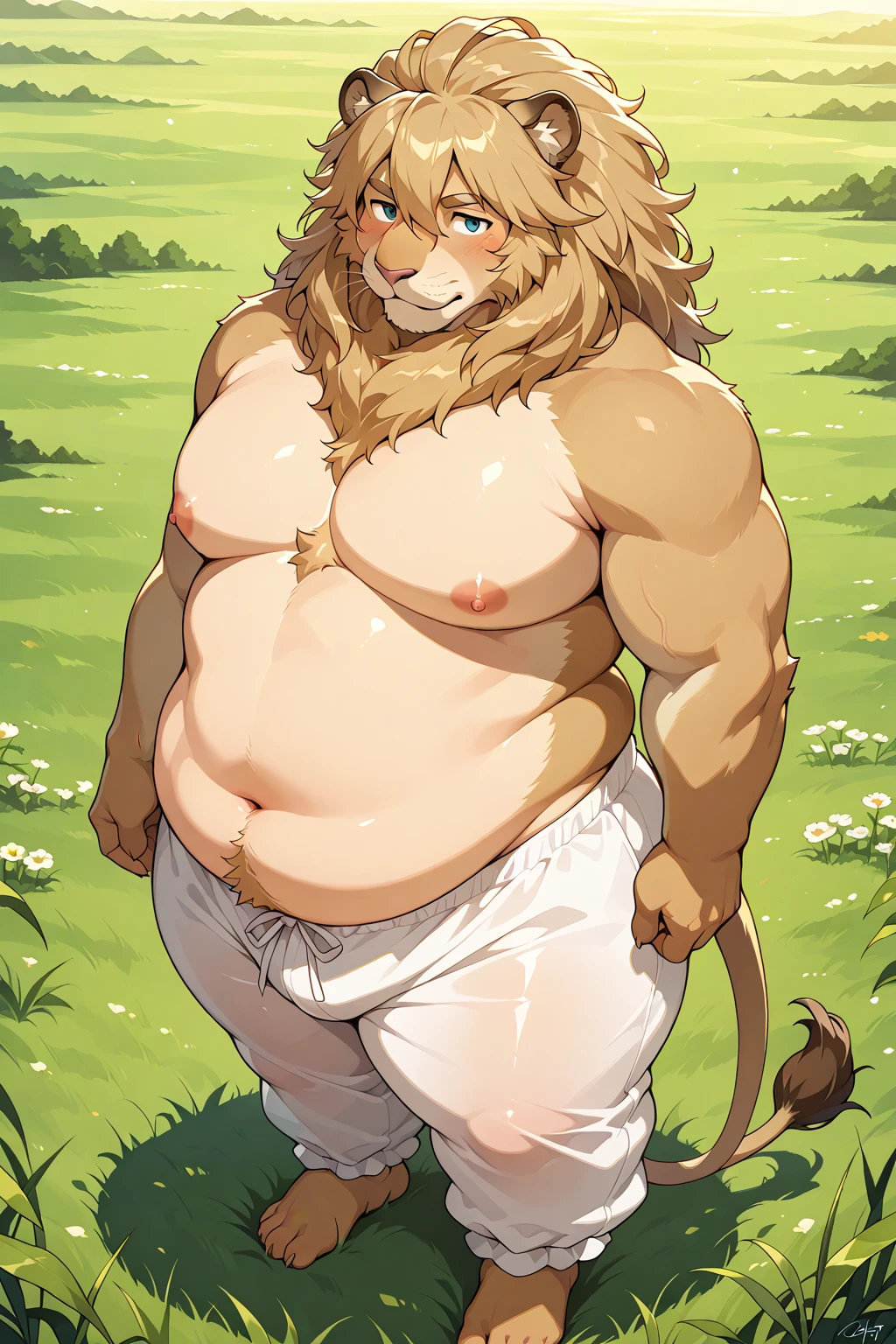 Lion, male, long and blond mane, blond beard, green eyes, very big and round fat belly, obese, chest harness, tight and fitting jockstrap, sexy gaze, alone, standing, garden terrace, high-quality 4k resolution, ultra-detailed, realistic:1.37, oil painting, vivid colors, warm color tone, soft and warm lighting.