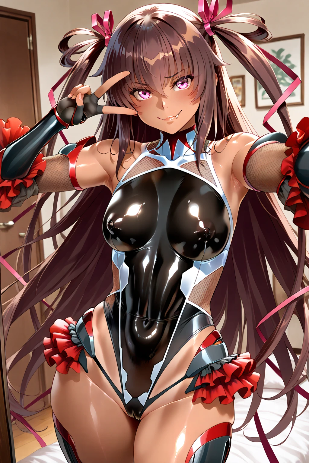 highest quality,masterpiece,8k,1girl,((big breasts:1.3)),((orgasm,blush,ahegao,saliva,saliva trail:1.1)), sweat,Mizuki Yukikaze,hair ribbon, black leotard, taimanin suit, one-piece tan, elbow gloves, fur trim, fingerless gloves, frilled leotard, thigh boots,vagina in dildo,pussy juice,dildo Under Cloth