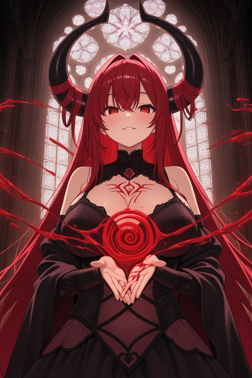 A female demon milf with black demon horn, ((demon horn)), cabelo cor-de-rosa extremamente longo, ((Cabelo cor-de-rosa)), White eyes of the demon, ((olhos brancos)), vestido de noiva, black background with chains and the floor is made of a red liquid, olhar perverso e malicioso, Moda realista, sysie high definition details, fotografia, perspicacity, unique 850 4, Koda850 k portrait camera, Primavera F1.6, cores ricas, Textura super realista, textura de luz espetacular, arte surreal, Cinestil 800 mecanismo de moda