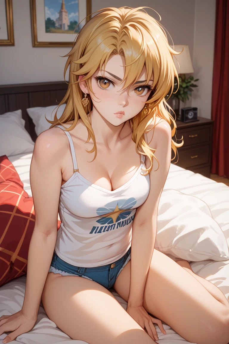 lively、25 years old、polo shirt、garter belt、smile、cleavage emphasis,sweaty face,messy hair,Breathless face,sit on the bed,While looking at this,face zoom,red lips