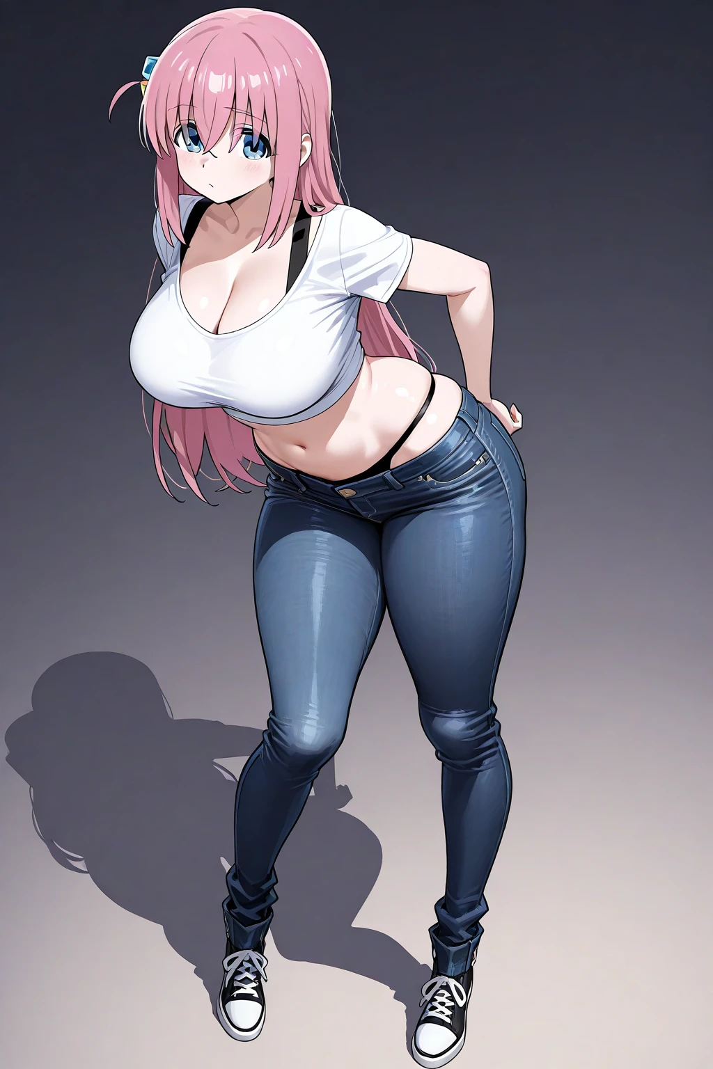 1 very high, Slim sexy girl, Extremely exaggerated tall figure，Extremely tall，Oversized, thick-bodied，elongate waist，Extremely exaggerated huge thick butt，Extra long thick legs，Extremely exaggerated long legs，Exceptionally long legs，Thick and long super long legs，bronze skin, whitet-shirt, denim pant, Brown booties，Very long white hair, Super long hair three meters long，Extra-long curls，eBlue eyes,Fulll body Shot，Full body photo。(PINK HAIR) 