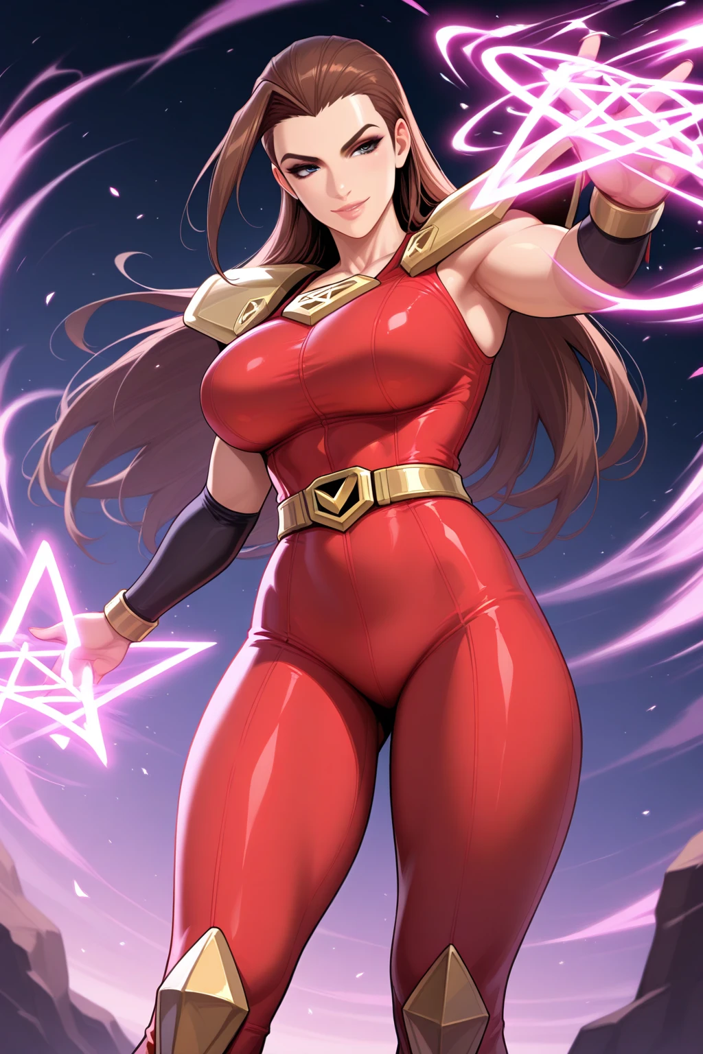 Create an image of a girl, barefoot, ((((sagging massive breasts)))), (matching gloves and boots). she (Dark-haired brunette with bangs, wearing too short skirt with frill, (((intricate)) wrestling outfit). はためくCape, wrestler, muscle, (((from above))), 1 fist up, 1 arm up, enveloped in a shining aura.. Outer space background, Severe. masterpiece, Highest quality, employment. Diffraction Spikes, Particles of light.