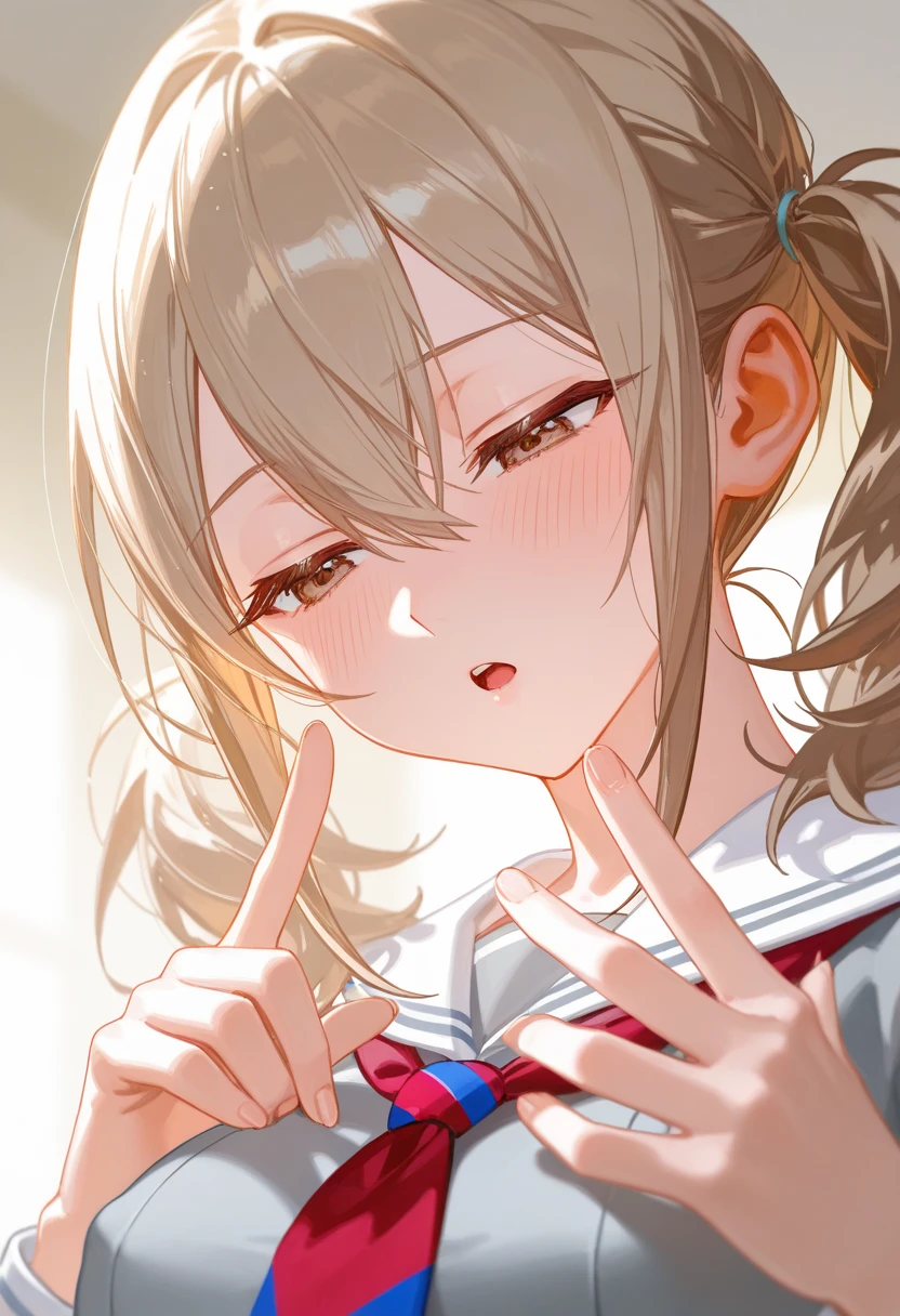 (((One girl))), ((beach)), noon, blond hair, Wavy Hair, bob cut, breasts, from front, (cowboy shot), standard body, (looking at viewer), ((dark blue serafuku out of skirt)), dark blue skirt, ((red ribbon)), ((sunglasses)), hand to sunglasses, teenager, head tilt:1.3, (((blue eye))), ((happy smile)), anime style, (best quality, 4k, 8k, highres, masterpiece:1.2, ultra-detailed, ultra-detailed eyes, HDR, UHD, studio lighting, ultra-fine painting, sharp focus, physically-based rendering, extreme detail description, professional, vivid colors, bokeh), ((Highest quality, Best image quality, Ultra-high resolution, Ultra-high resolution, solo, Strong eye highlights)), Depth of written boundary, Natural soft light, attractive, Beautiful Face, Cleanliness, Pure Face, nedium chest, Beautiful Face, Perfect Fingers, Perfect hands, Perfect body, Perfect Face, Shine a light into your eyes, Perfect Anatomy