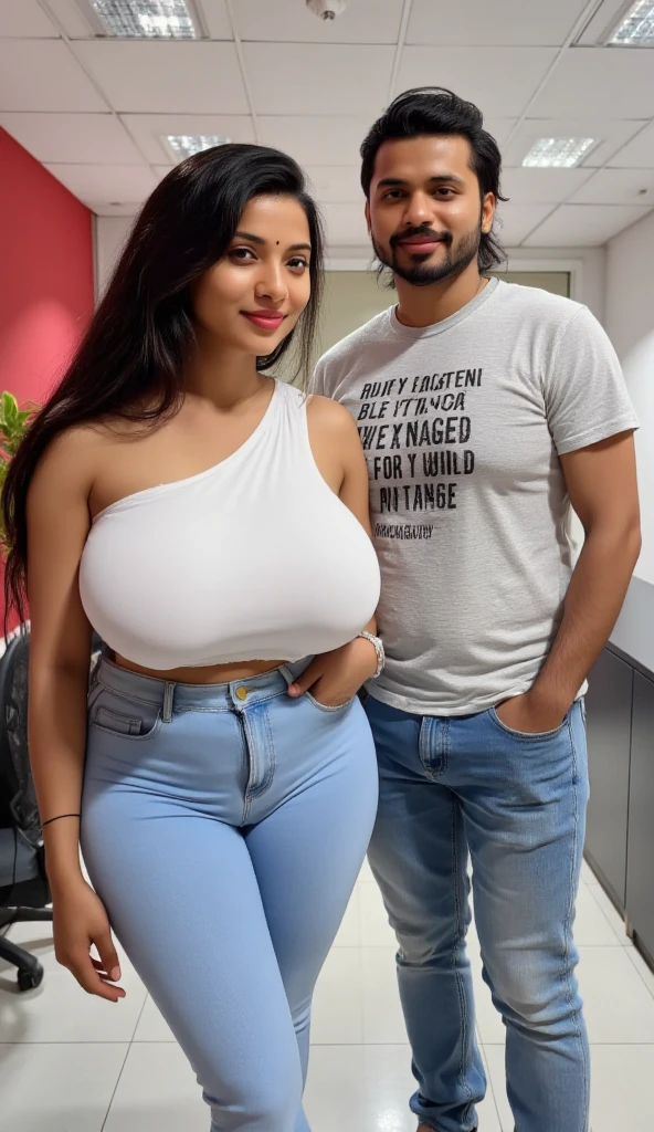 portrait of a indian lady in scalloped shorts, standing with one big boy (1 boy) in shorts, indian girl has big breasts,boy grabbing the girl, realistic, high detailing, hyper-realistic, 8k (( boy grabbing girl' waist)) ((standing pose))