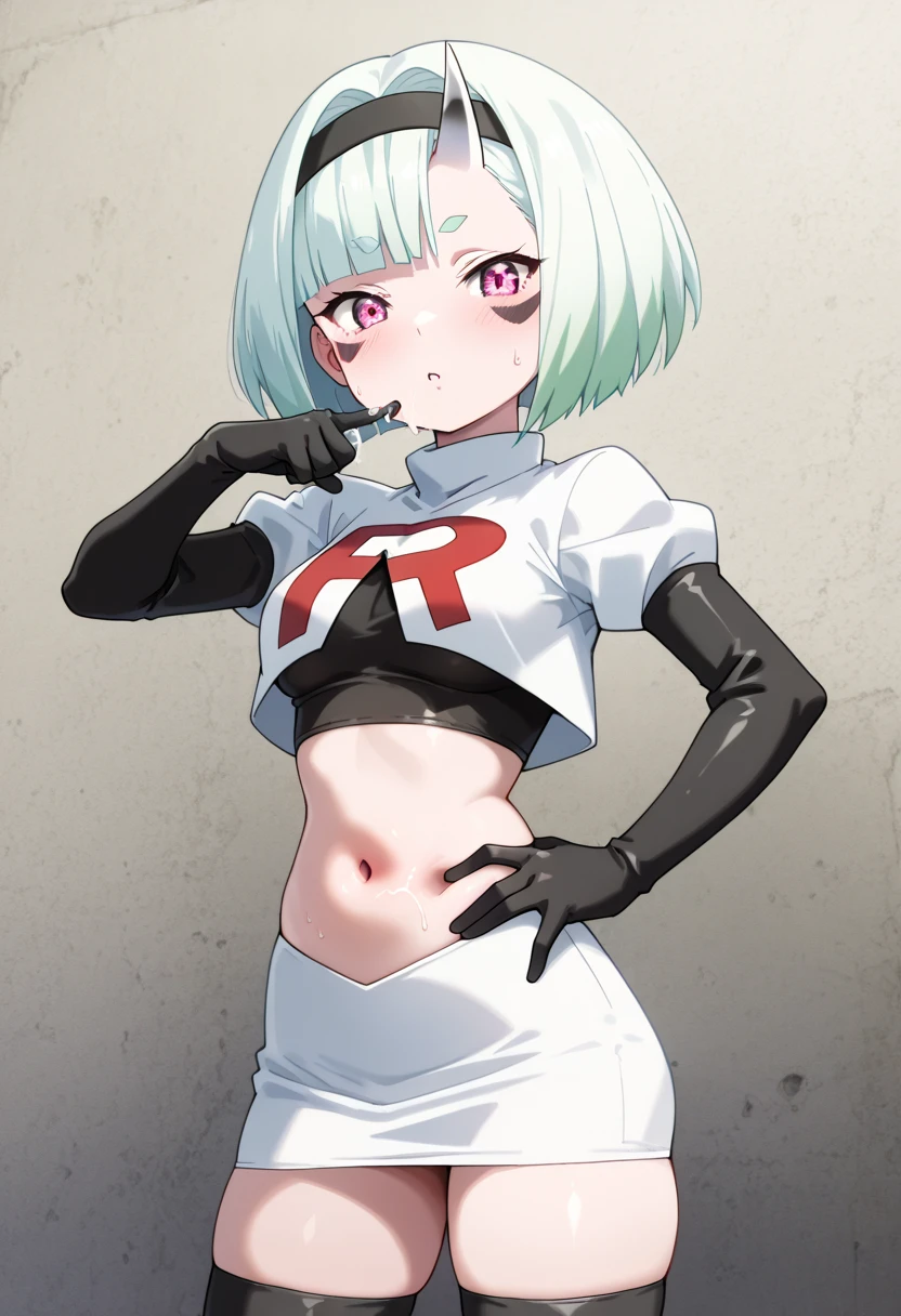((best quality)), ((highly detailed)), masterpiece, absurdres, extremely detailed face, beautiful face, (detailed eyes, deep eyes), (1girl), cowboy shot, <lora:Bleach_LilynetteGingerbuck>, lilynetteg, (one eye covered), helmet, mask, horn, pink eyes, green hair, flat chest, bare shoulders, midriff, white panties, thighhighs, white open vest, open clothes, elbow gloves, (inside, in a stairway)