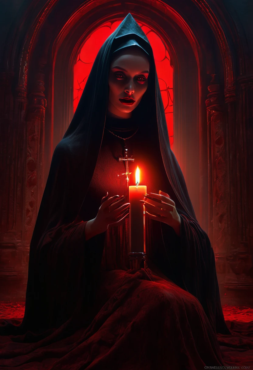 (sexy goth demon nun), Dark, mysterious, charming, hauntingly beautiful, (detailed facial features, PENETRATING EYES, dark red lips), flowing black robes, necklace with a cross, sensual, seductive pose, (candlelight backdrop, sinister atmosphere), (Best Quality, High resolution, ultra detailed), (Gothic art, oil painting, dark fantasy), (dramatic lighting, darkness, ethereal glow), (Black and red color combination., intense contrast), (Beautifully composed, intricate details), (evokes a sense of desire and forbidden allure.).