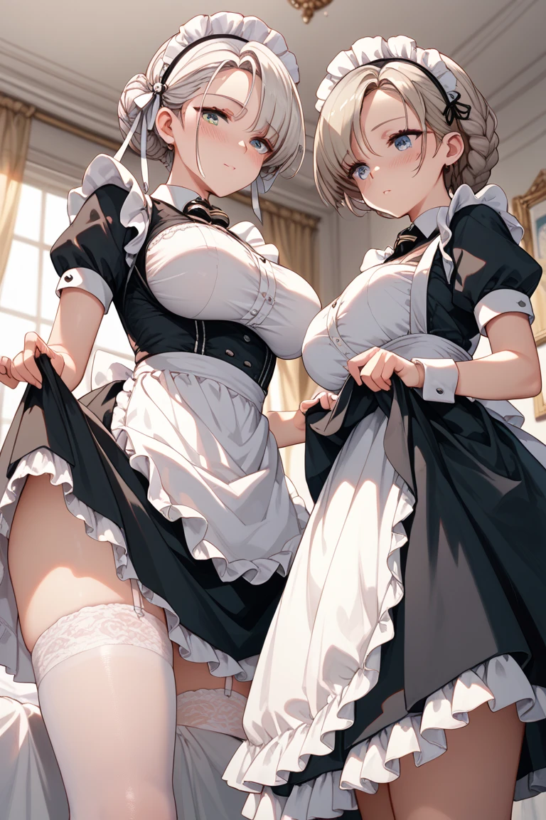 highest quality、masterpiece、((2 girls))、((smile))、(blush:1.3)、Black Shirt、blouse、((fun!!))、(Small breasts)、(One-strand braid)、(Blonde)、()、((White apron:1.5))、((Maid))、((hair ornaments)),、Kamimei、look at me、 ((in house:1.5))、 Taking a break from watching the audience、Cowboy Shot、(Skirt lift:1.3),(Highly detailed white panties:1.3)、(Highly detailed panties:1.3)、、(スカート that rolls up:1.3)、(Panties fully exposed:1.5)、Light blue eyes、long hair、spoken heart