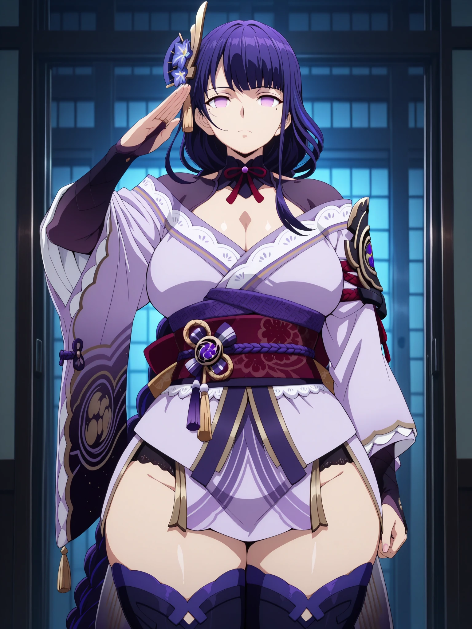 A girl with long straight purple hair and purple eyes with tan skin and full breasts standing straight facing the viewer in a kimono, perfect,