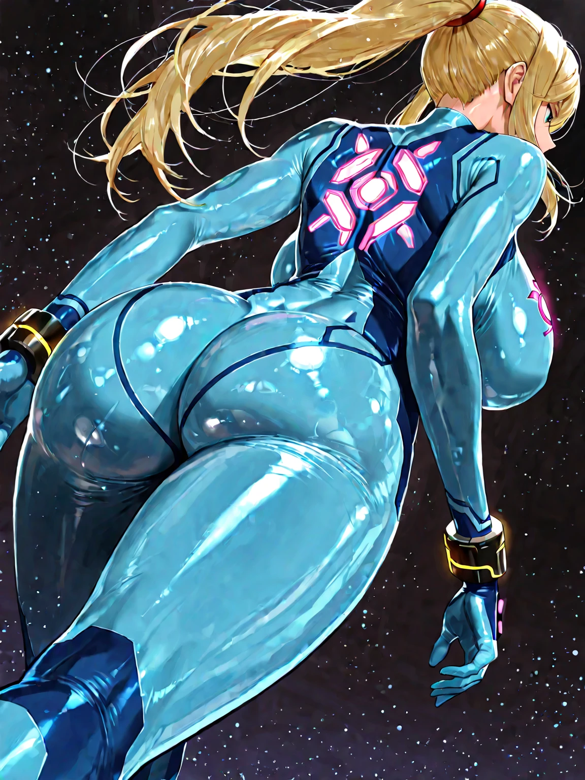 Woman wearing hot water dripping tentacles、Face up、evil smile、Lustrous tentacles、Cel Shade Adult Animation、Metroid Suit、The long-haired