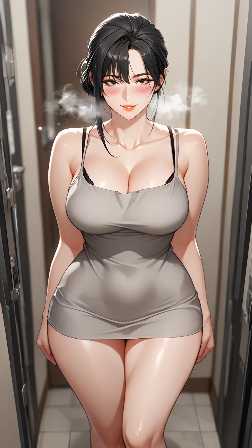 Mikoto Uchiha, milf, mature woman 30 years old, standing, ultra-detailed, realistic, soft lighting, (best quality,4k,8k,highres,masterpiece:1.2), (big breasts), professional, ((naked)), long black hair, black eyes, beautiful detailed eyes and face, extremely detailed smile, blush face, sad smiling, long eyelashes, looking at viewer, busty, big ass, big tits, showing her pussy, (apron), pubic hair, sweating, living room.