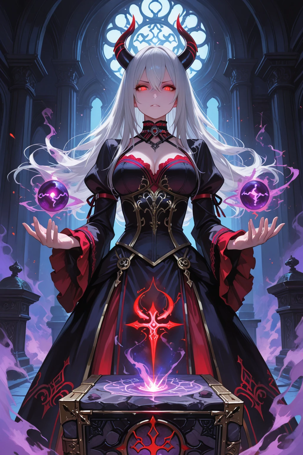 Masterpiece, anime_style, full body illustrated portrait, female vampire mage with light blue hair and light blue eyes, (surrounded by intense swirling blood energy:1.3), (shockwave of blood energy, red corona, red light outline:1.15), (bloody floor:1.2), airborne blood red mist fog, detailed face and eyes, detailed background, blood vortex, background of gothic church, front view, wide angle [[[I posed this with controlnet and did a lot of inpainting. Don't expect exactly the same results by using this prompt and seed.]]]
