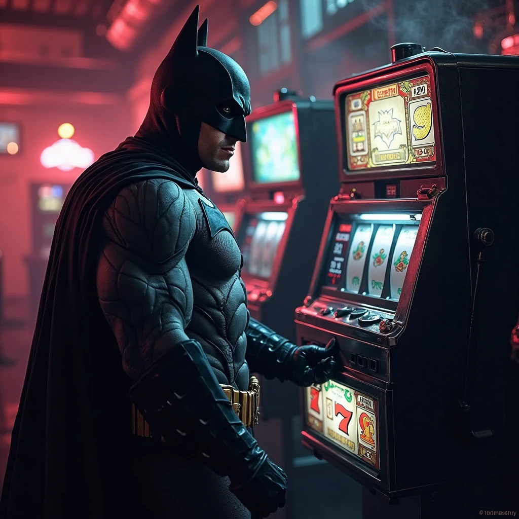 a batman is playing casino machine,casino background,colourful lighting,3d illustration,8k resolution 