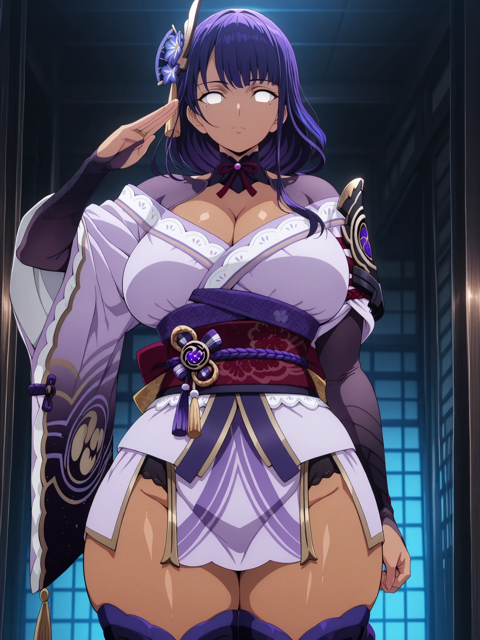 (high quality:1.2), intricate detailed, digital art,
(Hotaru:1.1), 1girl, solo, standing, crossed arms, cowboy shot,
looking at viewer, determined, smile, smirk, short hair, forehead, (headband:1.1),
ninja, short kimono, off shoulder, turtleneck, (fingerless gloves:1.1), sash, thighhighs, fishnets,
large breasts, curvy,
outdoors, east asian architecture, japanese garden, day, cherry blossoms, sky, sunset, complex background,, (gigantic breasts: 1.4), (pinkish red eyes: 1.4), (light lavender hair: 1.6),