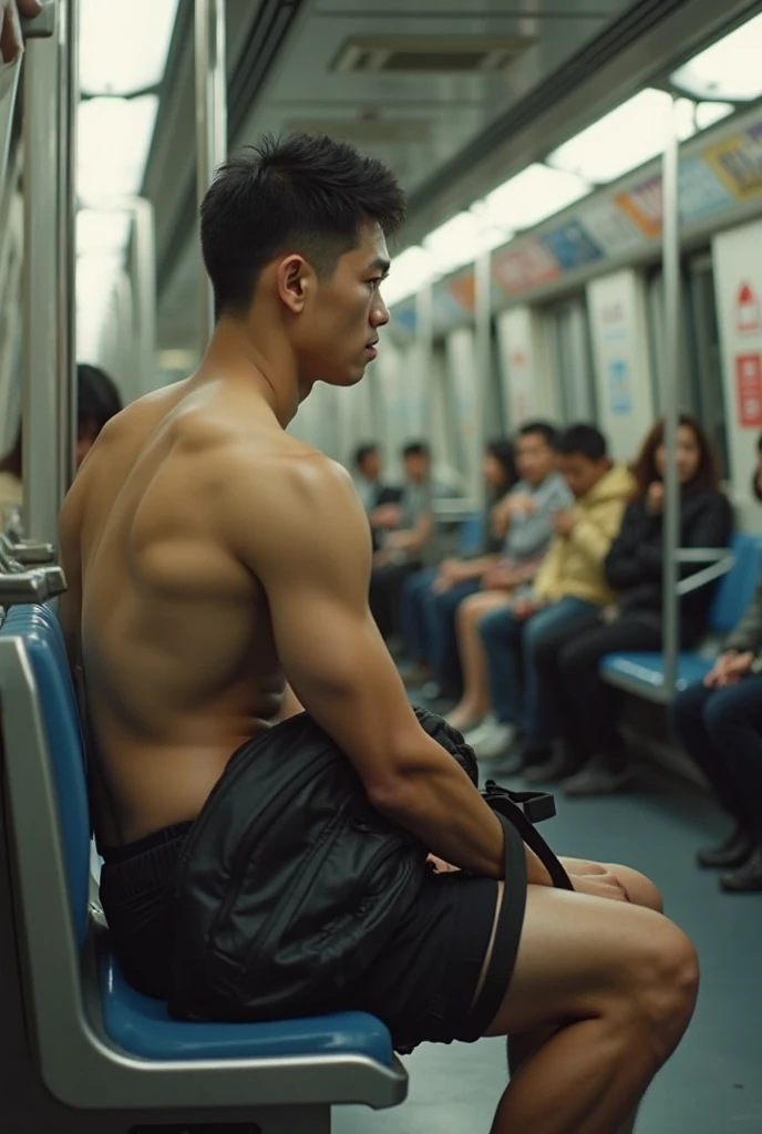 masculine, handsome tanned 20 year old korean bodybuilder man with cute round face, sexy, gay, homoerotic, tight booty shorts, big round bubble butt, open mouth shocked expression, (((crowded metro train))), ((horney elderly men firmly grab his body)), cinematic lighting, cinematic shadows, full body, fill frame, highly detailed, intricate details, photorealistic, sharp focus