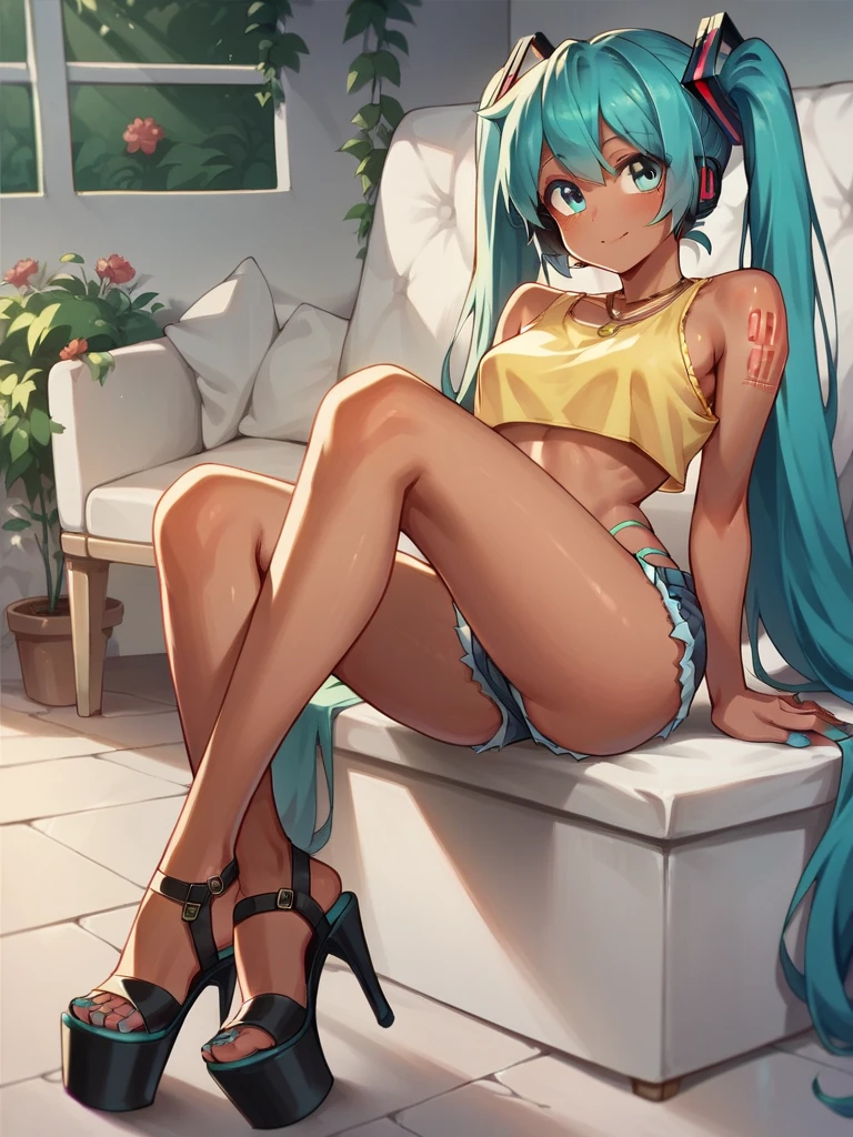 Hatsune Miku, tanned skin, unbuttoned booty shorts, yellow crop-top, thong, barefoot, wedge heels