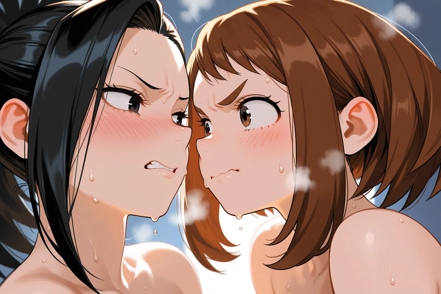 nsfw,pov,kneeling,2girls,hair,lineup,Tongue out,Androgynous,medium hair,sidelocks,nipple cutout,legs,masterpiece,best quality,very aesthetic,absurdres,upper body,straight-on,large,Covered,Smile,(upturned_eyes),From above,cum in Tongue,attractive,(Bukkake:1.5),(happy),(Steam:1.3),(Open Mouth),(topless),Cleavage,(White shirt),(heart:1.3),(trembling),(Background),bottomless,fucked_silly,Puffy nipples,(Between on legs),tan,(light skin),black hair,light hair,breasts press