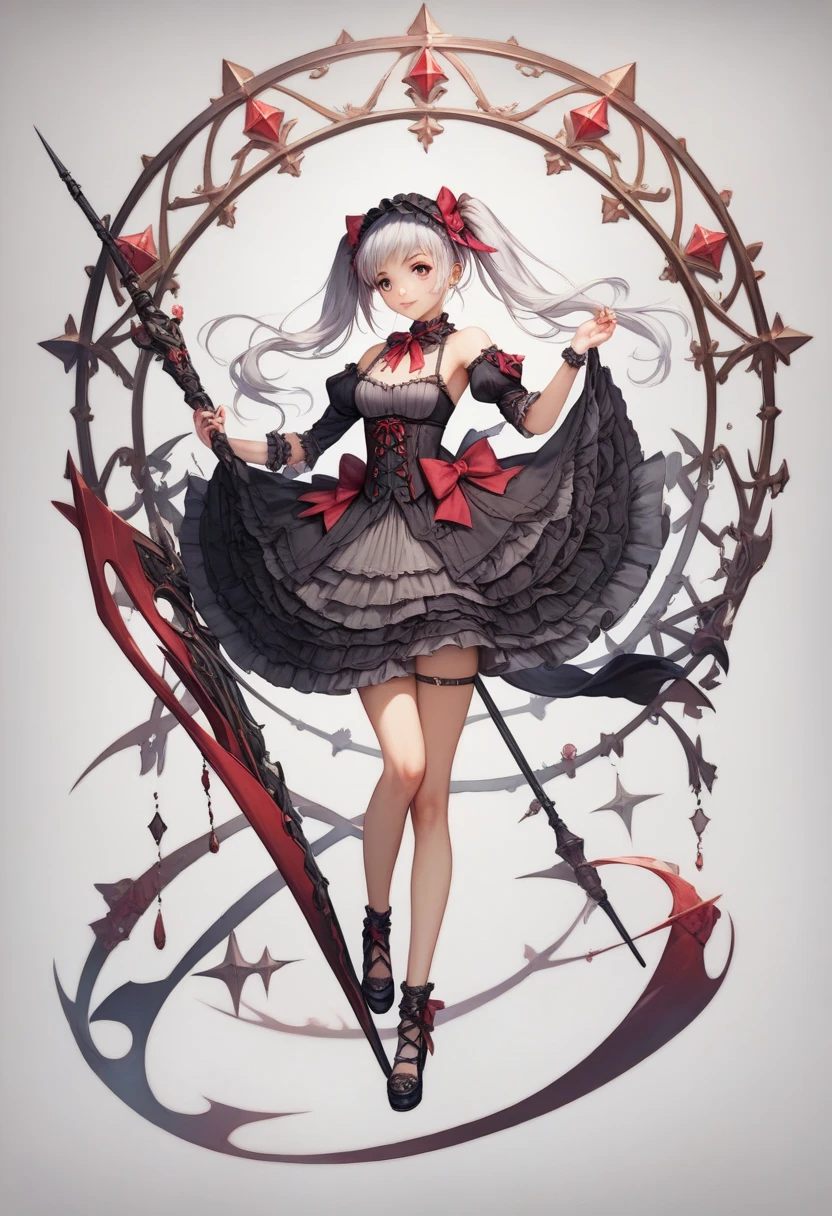 Absurdity, very precise details, highly detailed 8K wallpaper, gray hair, beautiful girl, twin tails, red eyes, open mouth, ((holding a huge scythe with a long handle)), full body, rest, (gothic lolita, choker, eye patch, fishnet stockings, braided boots), completely two legs,