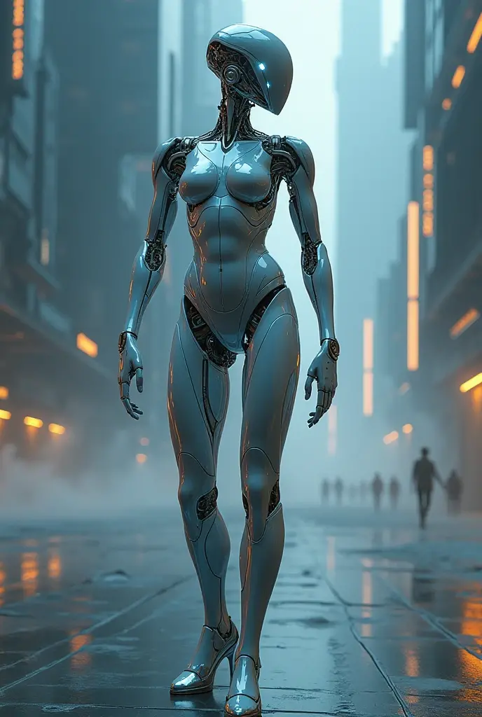 Woman's cyborg walking down the street in a crowd of people in the big city, defile show, high quality, best quality, absurdres, masterpiece, beautiful, intricate details, 1/2 body crop, slim body, beautiful figure, magnificent anatomy, (intricate details:1.12), HDR, (intricate details, hyper-detailing:1.15), (natural skin textures, hyper realisitc, soft light, Sharp:1.2)