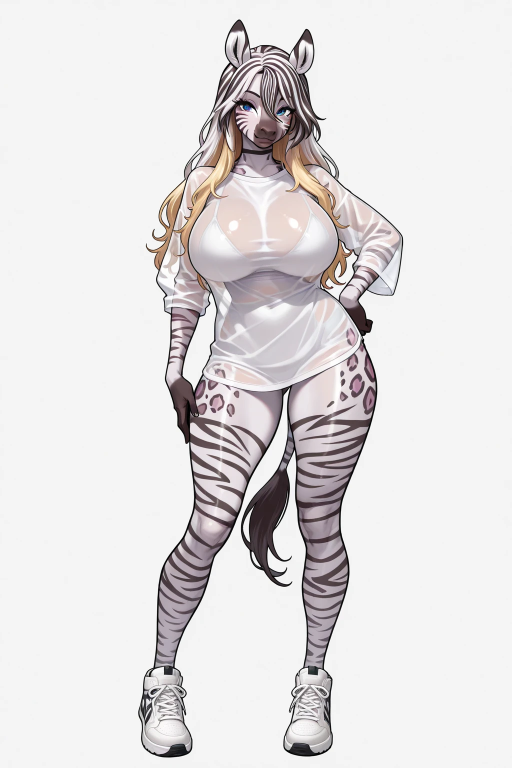 (score_9), (source_pony), (solo), ((nthro zebra fusion with male Fleur de lis)), anime art style, muscular femboy, zebra stripes, slut prostitute, wears ((cow print slingshot swimsuit, cowprint bikini, thighhighs, elbow gloves:1.7, choker)), seduction looking at you,standing, long hair ponytail with hairbow, sexy, horny, smiling, sensual, anime art style,sexy pose, offering you to hug, anatomically correct, crotch tattoo, outside background, (huge bulge), wide hips, he got perfect leg hooves, abs, flat chest, full body shot, slim, pink eyeshadow, sassy, lipstick, full body shot, panorama, intricate details, 8K uhd, Full-HD