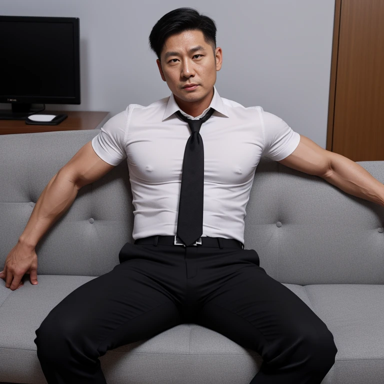 40 years old，Hidetoshi Nakata，（Kogoro Mori 1.3），whole body，Lean，muscle，office，grey socks，Suit，Feet raised，sofa，Baldhead ，transparent，Thick body hair，underwear，Topless，Densely hairy，Fortitude，HD，With a mustache