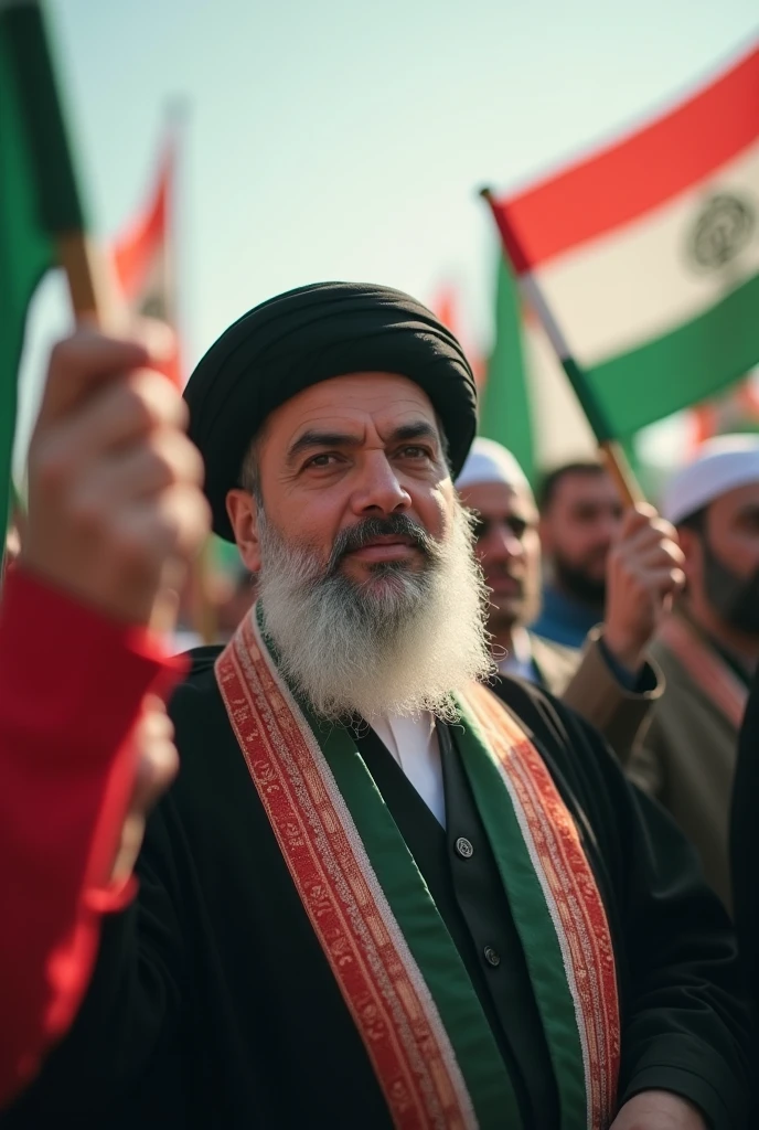 An old, grainy photograph of an Iranian revolutionary cleric passionately addressing a crowd. The cleric, with a flowing white beard and black turban, is captured mid-speech, his expression a mix of anger and inspiration. The Iranian men and women in the background, the women in hijabs, are blurred slightly, emphasizing the focus on the cleric. The image's quality reflects the limitations of the period’s cameras, adding to the sense of history.
