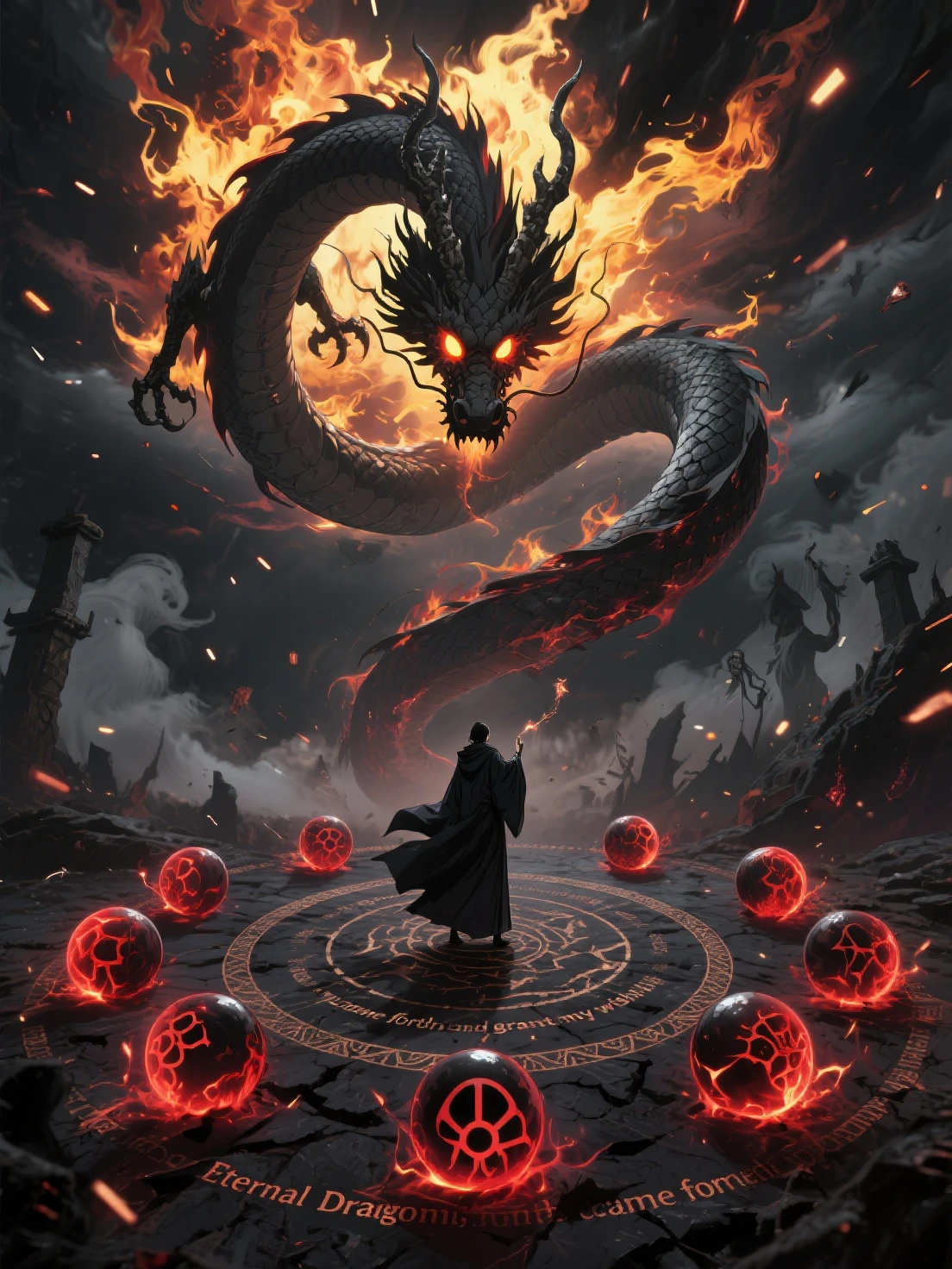 Dark theme， optic， fanciful，The sky was dark，storming，Lightning，in a panoramic view，China-style，A man in a black robe，cabelos preto e longos，Hands gripping a book hard，Sit on the royal chair，Behind him a huge black dragon shrouded，