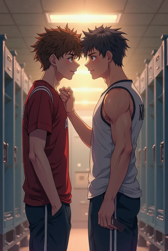 (anime), 2boys, alluring 20yo twunks, hug, (shirtless), black shorts, (bokeh), (locker room background), realistic, dramatic lighting, atmospheric, intricate detail, Homoerotic,
