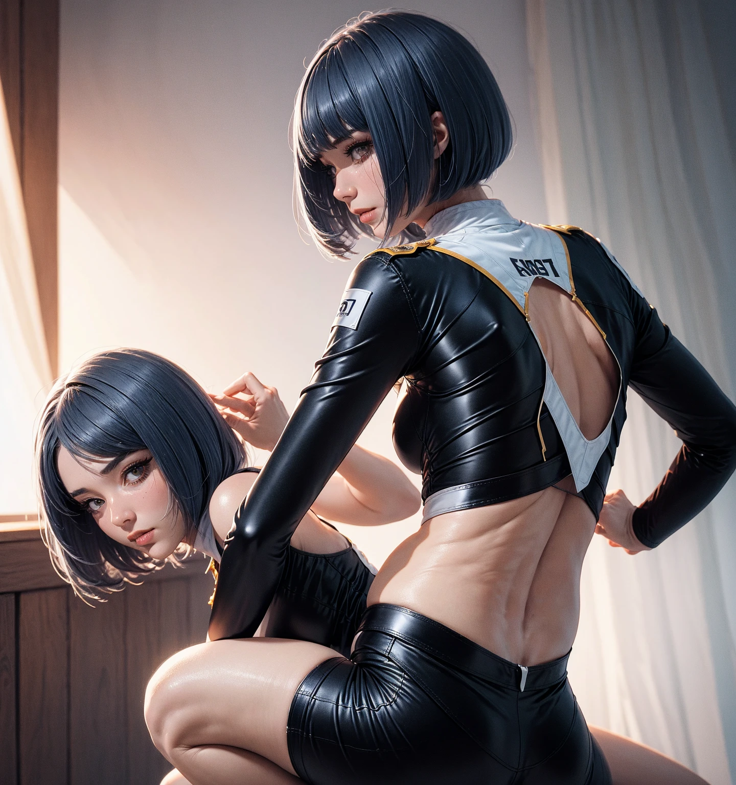 short hair with bangs, ((short skirt)) (((Slutty skintight cybernetic Full AI skin and anatomy))), ((slutty braided hair)), ((She is in your bedroom, slutty )), Perfect back view of her tight butt, full body picture, she is a seductive slut, Perfect proportions, she has a perfect Ass... she wants to put your tiny shrunken body deep inside of her pussy, short hair with bangs and ponytails, beautiful horror, domination, death by pussy insertion, skinny sexy and slutty woman, she needs to have your tiny shrunken body deep inside of her pussy.... she wants you to choke inside of her pussy, she is the embodiment of sexual domination and lust, she is perfect, you are her prey, you are about to die inside of her pussy, small tight ass, giantess domination, human sex toy, helpless, she is a giantess and she wants to use your tiny shrunken body as a human dildo..., perfect anatomy, perfect arms and hands, better detail on her eyes... make her eyes look scary and beautiful, perfect sexy and slutty athletic body, perky nipples, wet, white cum, perfect tight butt, black hair, perfect legs and thighs, tight wet pussy, white dripping cum, ((Perfect eyes and face)), ((closed wet full lips)), ((perfect hands and fingers)), ((( a lot of white cum is dripping out of her pussy))), ((she has a very skinny and toned strong body)), ((makeup)), ((freckles)), ((perfect eyebrows)), ((sharper edges)), ((perfect scary grey eyes)), perfect face, slut, sadistic, predatory, better detail on her skin, perfect face and strong jawline, perfect full wet lips, sadistic atmosphere, wet sweaty skin, beautiful intimidating grey eyes, ((beautiful horror)), better lighting, more toned muscles, perfect detail on her intimidating eyes, very tight underwear, ((tight pussy)), (((tighter clothing))), slutty, intense, perfect detail, ((piercings)), better detail on her bellybutton, skinny, skinny and strong, more skin showing, intense, slutty, freckles, long skinny perfect legs, scary and intense, super slutty