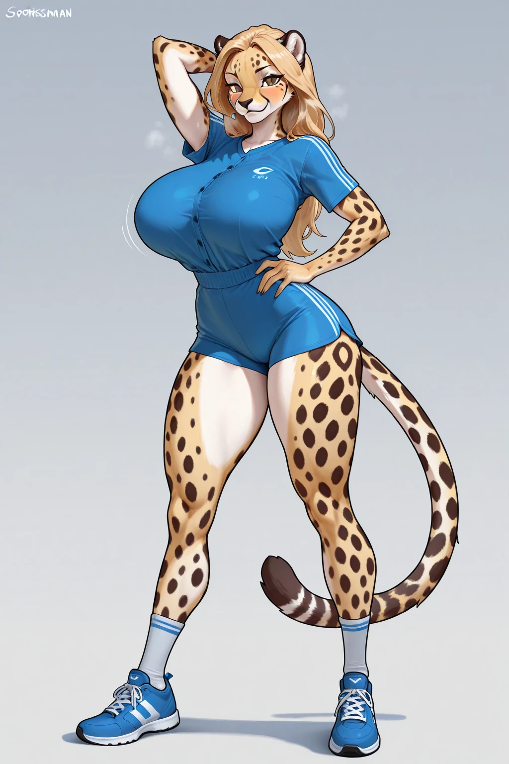 1girl, body_fur,felid, cheetah , cheetah colored hair, human like facewhite furred face, bra , breasts , cheetah colored hair , claws , clothed , clothing , collar , countershading , earsup , eyebrows , feet , female , female, fur , hair , legwear , lingerie ,pony tail, looking at viewer , large breasts , navel , paws , simple_background , skimpy , smile , solo , running , teeth , thighhighs , toeclaws , tuft , blue track clothes, white background , Meta , absurdres , digitalmedia_(artwork) , hi_res , shaded, quite muscular, but still very feminine, curvaceous and a large bust. Her skin is covered in a short fur the color of yellow and with with black spots. The whites of her eyes are a light shade of green with green pupils. blue short bodysuit, blue sci fi sneakers,