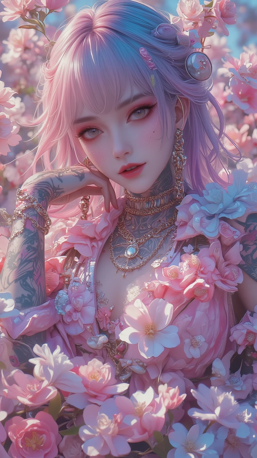 "(Masterpiece, top-notch quality, exquisite official artwork, stunning and aesthetically pleasing, vibrant fractal, flowers:1.2), (One girl, transparent lingerie, colorful hair), intricate details, vibrant fractal, perfect breasts, lingerie, seductive smile, beautiful lips