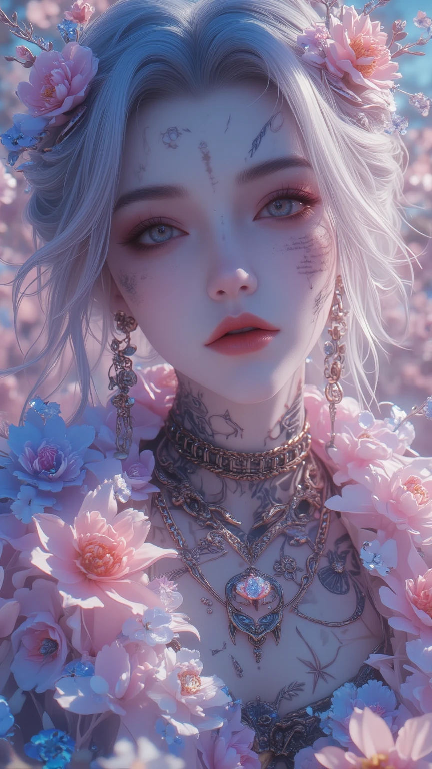 (Best Quality, 8K, Masterpiece, HDR, Soft Light, Picture Perfect, Realistic, Vivid), Full body photography of Goddes, (Clear Focus: 1.5), (Reality: 1.4), There is a naked goddess of darkness lying on a luxurious bed, she has a beautiful face, long pink hair, silver eyes, smoky makeup and black lipstick, on her body is a thin transparent layer that is covered with tattoos, she has a seductive look and she lies in a seductive pose, an aura of dark smoke surrounds her, (ultra high-quality fantasy art, dark fantasy style, masterpiece, ultra high-quality character design, 8k quality anime art, realistic anime art, high-quality wallpaper illustrations, detailed ultra-high-quality accurate face, high-quality design and accurate physics), (Accurate simulation of the interaction of light and materials)], [High-quality hair detail [More about the beautiful and shiny pink hair]], (Beautiful detailed hands [perfect fingers [perfect nails]]], (perfect anatomy (perfect proportions)))) [[Full-length]], [Perfect color combination (Accurate imitation of the interaction of light and material)], [art that conveys the meaning of the story]