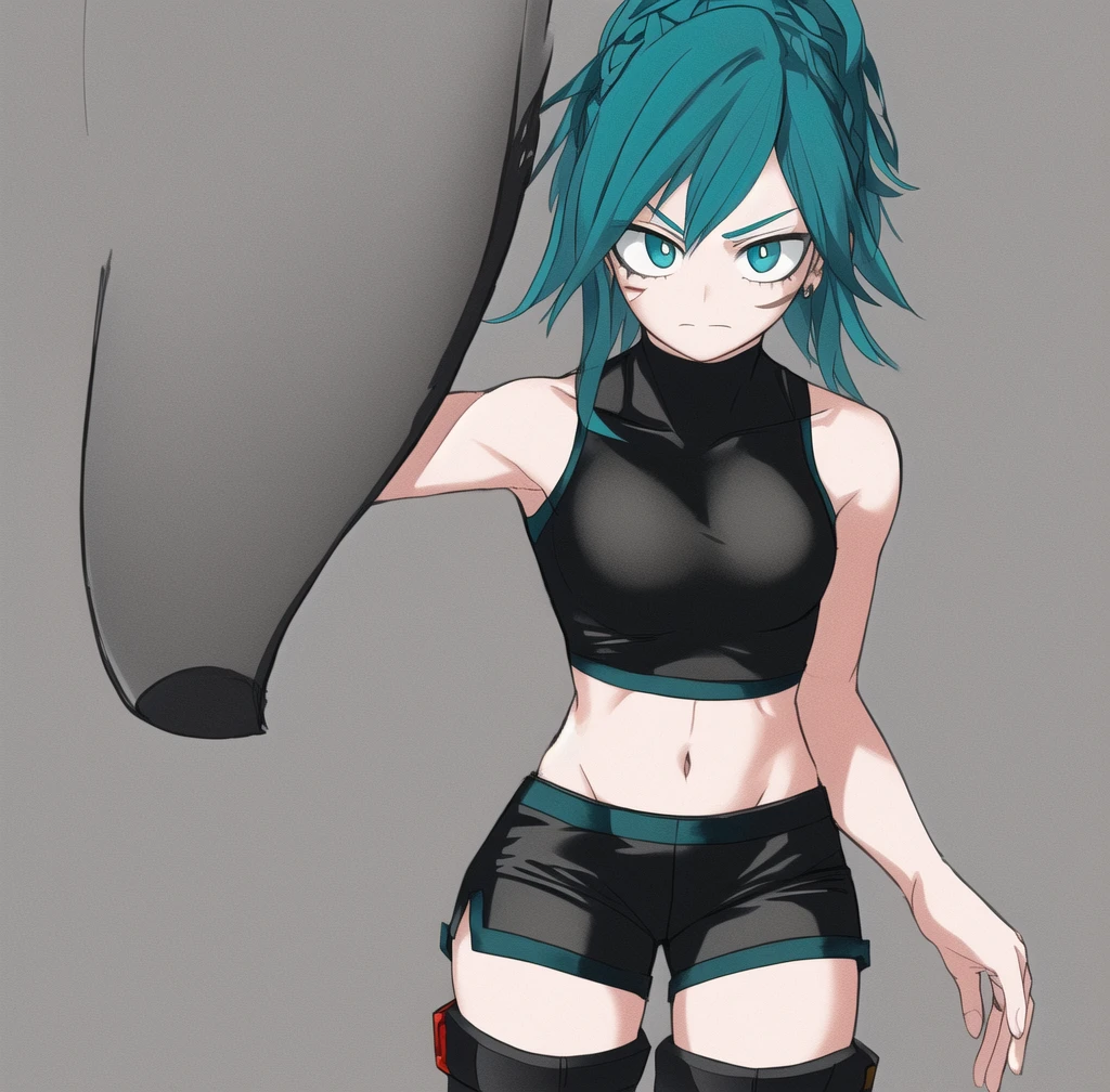 1 girl, Blue eyes, blue hair, Drill hair, gwen \(League of Legends\), wearing a tanktop and skirt, panties are visible, hair ornament, a high resolution, League of Legends, long hair, X, X hair ornament,