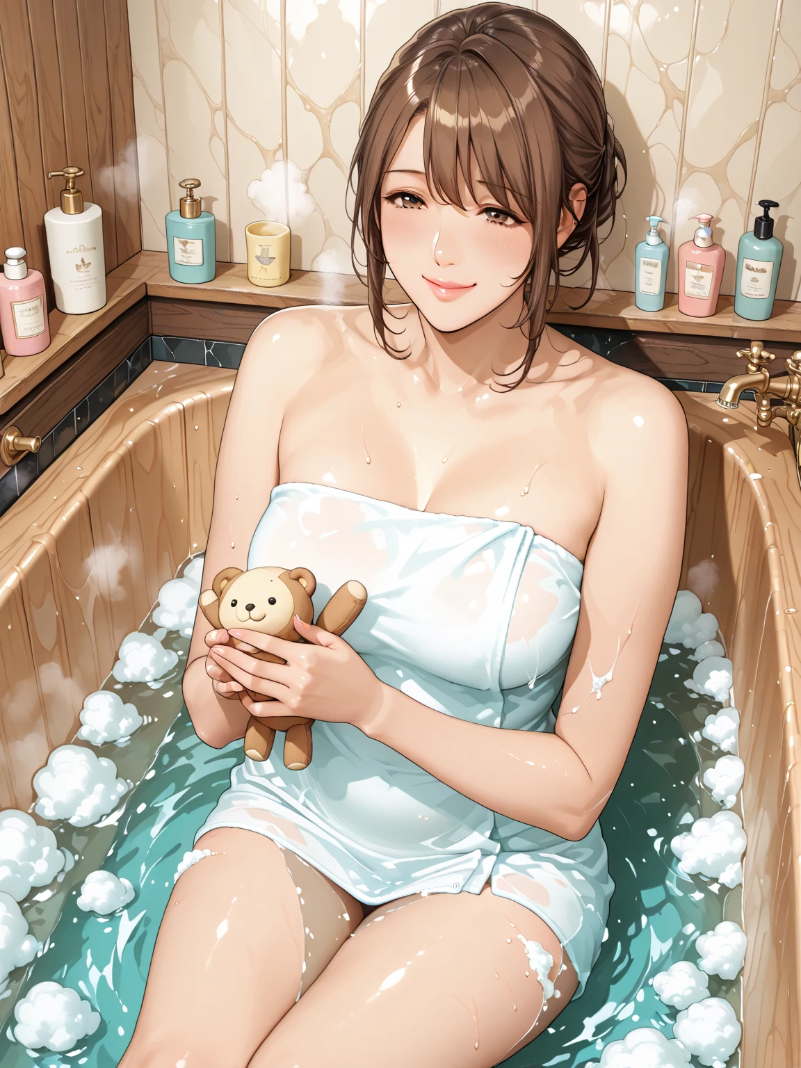 ((katsuragi misato)),(sleepping in modern bathtub),(dark areolae) ,((mature female)),handjob,((thick body)),((Solo)),(((complete naked))),(((soap bubbles cover whole body))), ((beer can)),A MILF,in onsen, trending on artstationh, (Seductive smile),intricate face details,(Curvy physique), vibrant, 4K, 12k resolution,