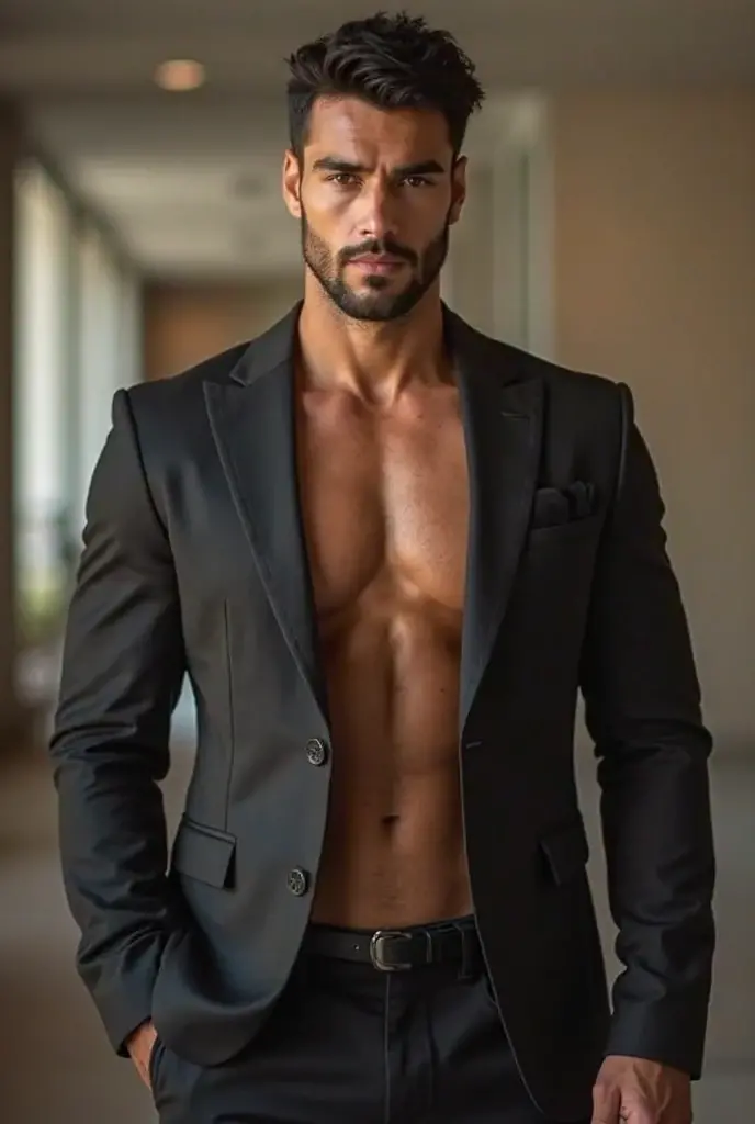 Generate a Indian 20 years old young boy with a realistce face and six pack abs and fitness body and muscle and stylish hair cut with a black colour and stylish pose and beautiful look and wearing a black blazer jacket and pants