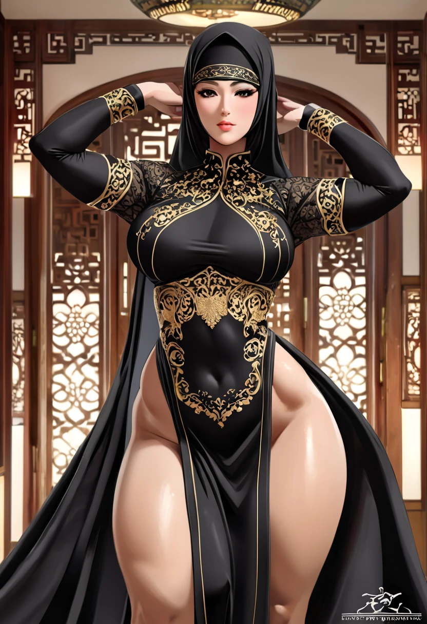 female, black long hair, yellow eyes, (((1girl))), (((gold and black kimono))), (black Japanese sandals), (gold Japanese headdress), cute and sexy, full body, large breasts, large butt, long legs, smiling