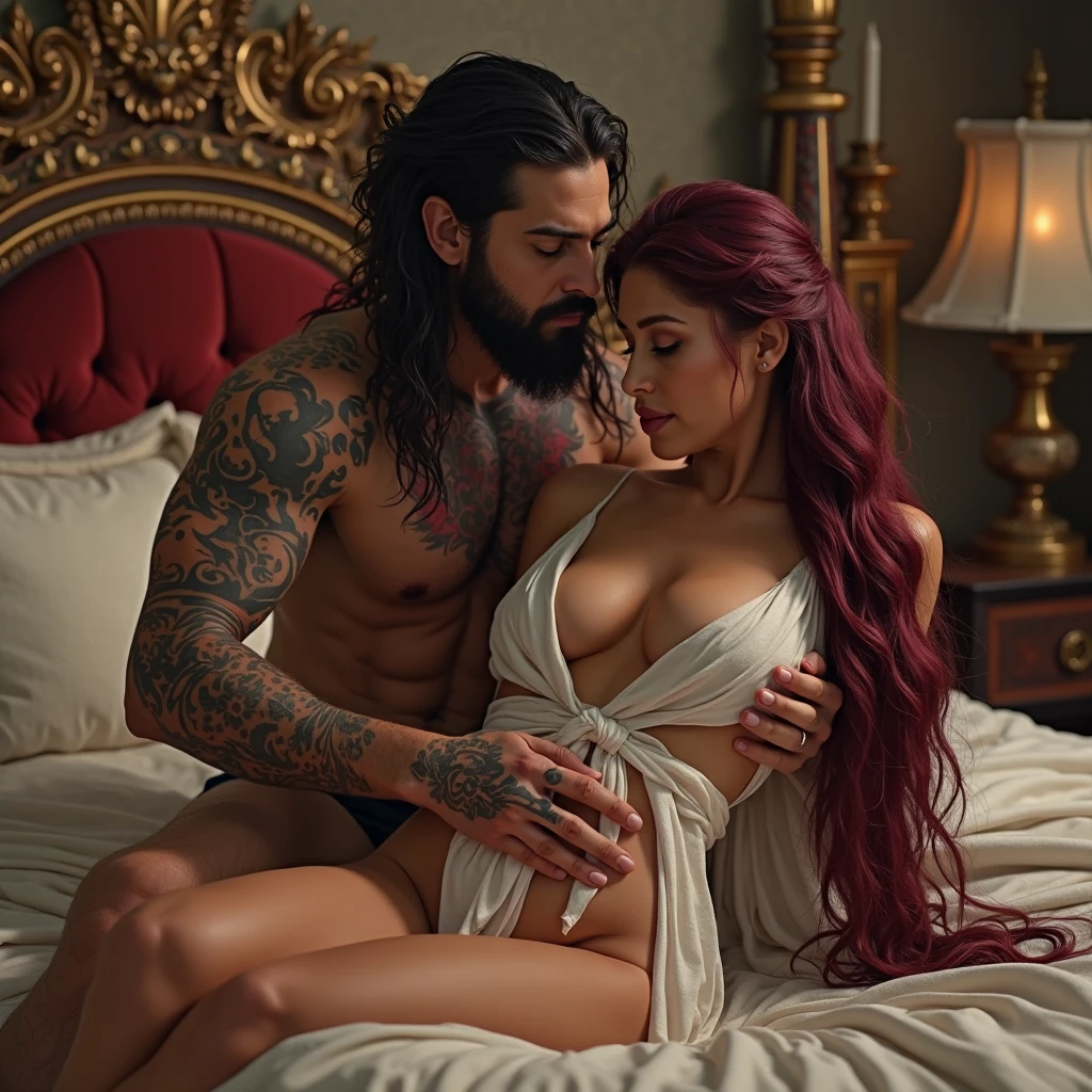 209 cm tall, 29-year-old, muscular attractive man with black short layered swept back wavy crew cut hair, short black facial hair, shirtless, Mediterranean-Native American features, black cargo pants, hip shot, kissing much shorter woman 170cm tall light skin and vibrant maroon hair wearing white off shoulder shirt and lavender shorts, arms around her back as they sit on a dark fur covered bed in an underground basement with dark wood panel in low lighting, photorealistic, cinematic