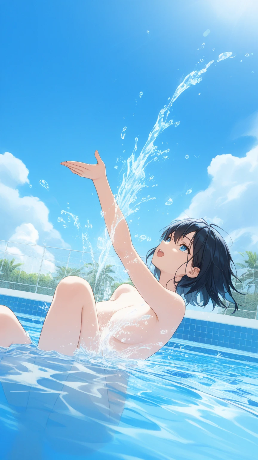 Naked, front view, no panties, no bra, twitching, eyes closed, very sensitive, mouth open, sweat, small breasts, cute, armpits (Arms behind head:1.2) Black hair, short hair, poolside, bust-up with focus on face (Squirt water straight onto the right nipple:1.4) Water splashing on nipples, nipples twisting in water, erect nipples, sitting on penis, man underneath