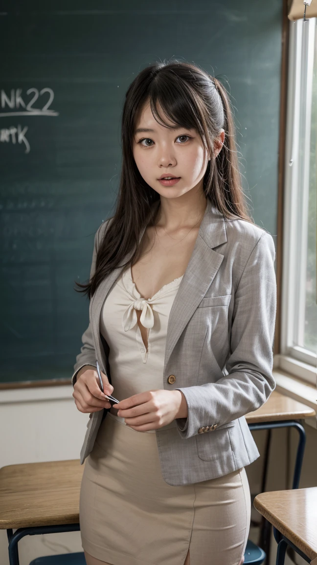 (RAW photo、highest quality)、(realistic、Photoreal:1.3)、highest quality、masterpiece、very delicate and beautiful、A hvery detailed、nffsw、sense of oneness、2k wallpaper、growing up、Beautiful in every detail、masterpiece、light smile、highest quality、Hvery detailed ticker Unity 8K wallpapers、huge file size、Super detailed、High resolution、very detailed、(unparalleled beauty:1.55)、(Become an elementary school teacher:1.5)、(Wearing a gray-beige suit, pants, blouse and bra:1.7)、(bust shot:1.45)、(open your mouth:1.5)、(Half close your eyes:1.35)、(A woman is in front of the camera)、wear thin glasses、black loafers、professional lighting、look at the camera、shine、intricate details、Shitsumeka、 information