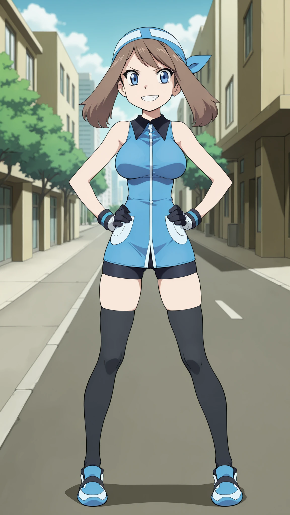 masterpiece, best quality, highres, 1girl, solo, superhero, leotard, blue and white leotard, bare legs, brown hair, short hair, brown eyes, hairband, medium hair, ribbon, boots, matching boots, blue boots, medium breasts, cowboy shot, standing, smile, city backdrop, haruhi suzumiya, kyoani haruhi style, sleeveless,