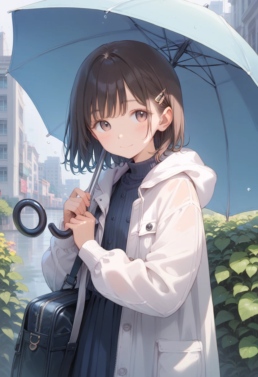 ,(Masterpiece:1.2, high quality), (pixiv:1.4),TIV,
1girl, , umbrella, skirt, sky, solo, holding, black hair, outdoors, bag, cloud, looking at viewer, shirt, short hair, holding umbrella, white skirt, bangs,  umbrella, railing, jewelry, short sleeves, closed mouth, blue eyes, teruterubouzu, jacket, blue sky, blurry, black shirt, standing, cloudy sky, smile, collarbone, blush, depth of field, day, , bracelet, pink jacket, bridge, cowboy shot 
